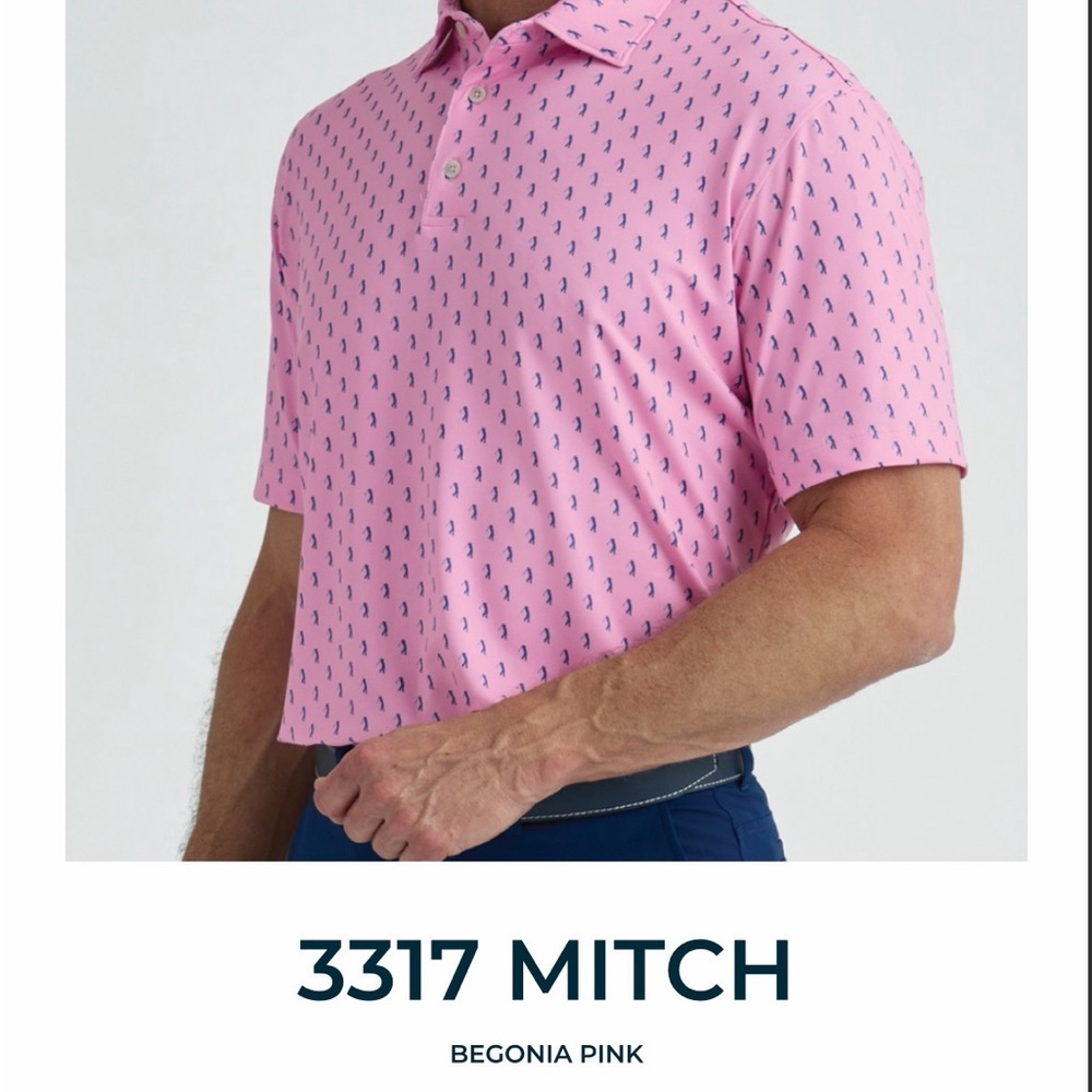 Bermuda Sands ApparelShort-Sleeve Polo in Begonia Pink with navy golf figure pat